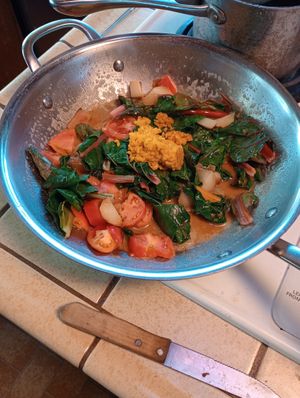 Pan sauteed swiss chard and tomatoes in a coconut based saute soy sauce at Divine Grace Healing Retreats in Reno
