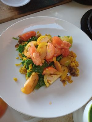 Spicy eggplant, tomatoes and broccoli greens over curried brown rice  at Divine Grace Healing Retreats in Reno