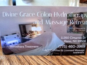 Business card massage and certified colon hydrotherapy  at Divine Grace Healing Retreats in Reno