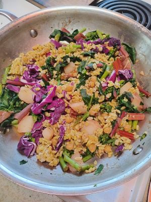 Stir fry with seasonal greens, tumeric curried rice, and acai, raisins and nuts. Very solidly filling at Divine Grace Healing Retreats in Reno