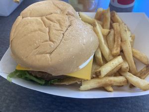 Beyond burger platter with vegan cheese and Mayo; I asked and they said they cook beyond burgers in a separate area from the beef burgers   at Universal Studios - Richters 34 in Orlando