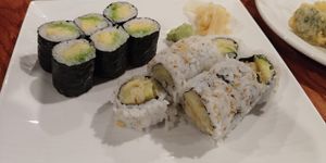 Avocado Sushi and Zucchini Tempura sushi (no eel sauce) at Fancy Sushi Asian Fusion in Surf City