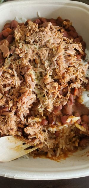 Jackfruit pulled pork bowl with pinto beans and white rice 🤯 at Vegan Cuban Cuisine in Miami