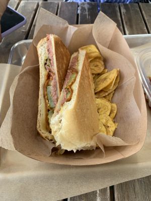 Cuban sandwich with plantain chips  at Vegan Cuban Cuisine in Miami