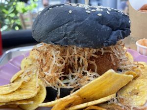 Close up of Halloween edition croqueta sándwich!   at Vegan Cuban Cuisine in Miami