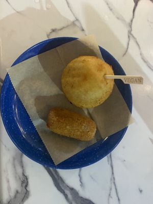 una papa rellena y una croqueta de jamón   at Vegan Cuban Cuisine in Miami