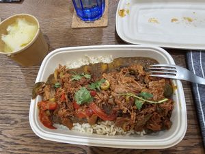 Vegan Pulled Pork (Chunk Foods) bowl w/ lentils, brown rice, and mojo Yuca. at Vegan Cuban Cuisine in Miami