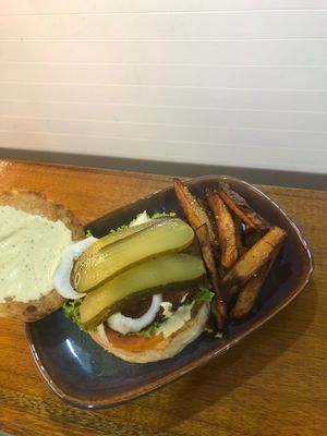 Veggie burger with pickles and chunky fries!  at Ohana in Koh Phi Phi