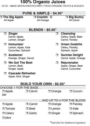Juice menu (can also customize) at Real Food Market and Deli in Helena