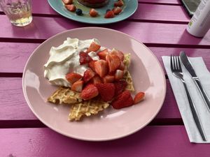Waffles with strawberries and cream  at Deer Mama in Amsterdam