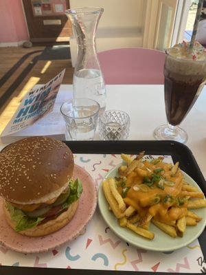 Cheeseburger, chocolate milkshake and cheesy fries at Deer Mama in Amsterdam