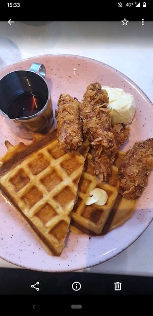 Waffles and fake chicken at Deer Mama in Amsterdam