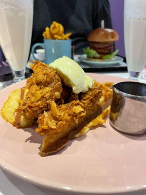 Fried Chicken & Waffles with salty butter and maple syrup at Deer Mama in Amsterdam