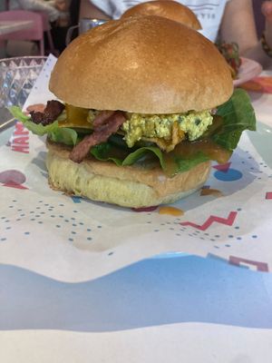 Special burger with bacon & egg salad   at Deer Mama in Amsterdam
