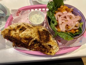 Lamb kebab pita with chickpea salad and yoghurt mint sauce  at Deer Mama in Amsterdam