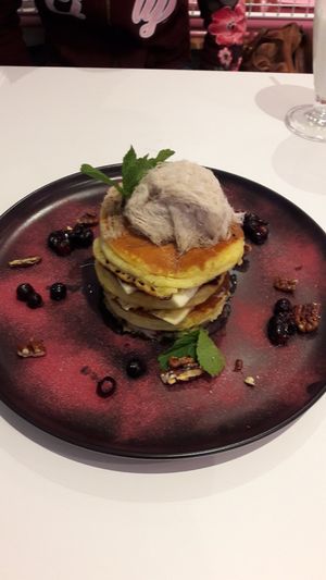 the fancy pants pancake stack with pashmak candy on the top (kind of candyfloss) at Deer Mama in Amsterdam