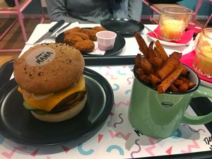 Beyond burger, sweet potato fries, mushroom croquettes at Deer Mama in Amsterdam