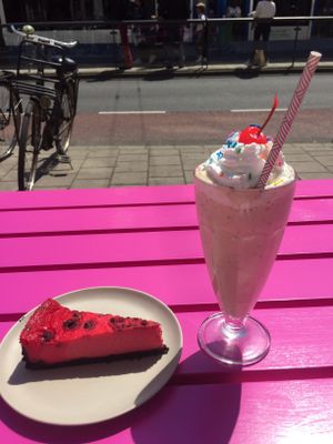 Yummy banana and peanut milkshake and tart  at Deer Mama in Amsterdam