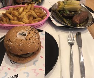 Bbq burger, large regular fries and grilled veggies! at Deer Mama in Amsterdam