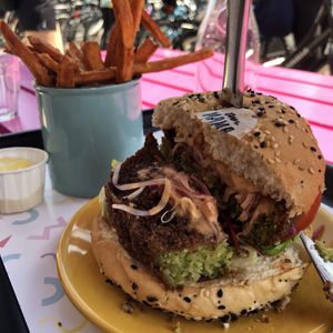 Green monster burger and sweet potatoes  at Deer Mama in Amsterdam