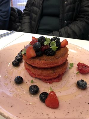 Kiddie Stack: 2 Pink Pancakes with Fruit & Agave Syrup  at Deer Mama in Amsterdam