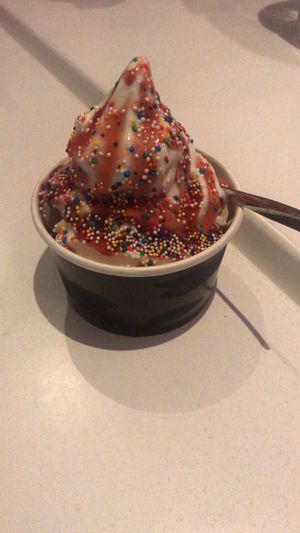Soft serve with strawberry sauce and sprinkles at Deer Mama in Amsterdam