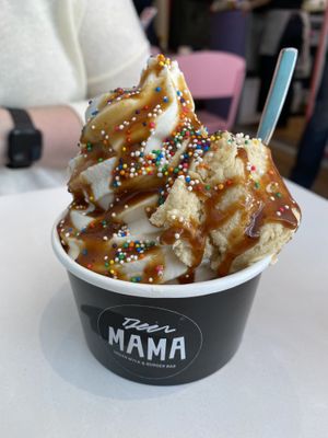 Vanilla ice cream with Miso Caramel sauce, sprinkles and Cookie dough  at Deer Mama in Amsterdam