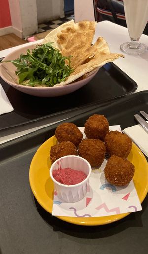 Cheese’bitterballen’ and baba gaboush with flatbread  at Deer Mama in Amsterdam