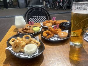 Calamari , shrimps, no wings, macncheese ballas at Vegan Junk Food Bar - Downtown in Amsterdam