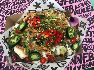 Peak Dutch culture: kapsalon. Fries, cheese, kebab and loads of garlic sauce  at Vegan Junk Food Bar - Downtown in Amsterdam