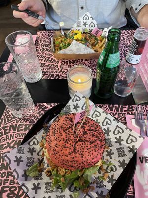 Daddy Burger and Rainbow Fries at Vegan Junk Food Bar - Downtown in Amsterdam