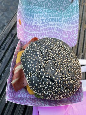 Vegan burger with “bacon”  at Vegan Junk Food Bar - Downtown in Amsterdam