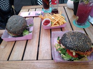 'fish' burger and 'ribs' burger at Vegan Junk Food Bar - Downtown in Amsterdam