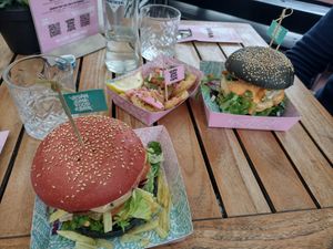 Mc Cruelty Free, Sumo burger and calamariz rings at Vegan Junk Food Bar - Downtown in Amsterdam