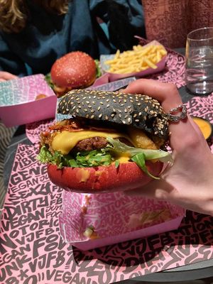 My burger (the pink bun is delicious)  at Vegan Junk Food Bar - Downtown in Amsterdam