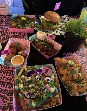 Fly wingz, Crunchy Mac & Cheeze Betterballs, Flamboyant Shrimpz, Iconic Rainbow, Kapsalon and VJFBTM Kroquette Burger   at Vegan Junk Food Bar - Downtown in Amsterdam