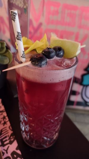 Galaxy Lemonade (N/A cocktail): pineapple juice, blueberry puree, ginger beer, lemon juice at Vegan Junk Food Bar - Downtown in Amsterdam