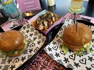 The cod burger, Bratwurst fries and Kroket burger: all very good  at Vegan Junk Food Bar - Downtown in Amsterdam