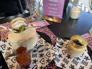 Tropicoco cocktail (allright, but strong) and Mango cream dessert (very good)  at Vegan Junk Food Bar - Downtown in Amsterdam