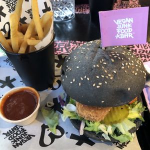 Fizz Burger with fries and Sriracha sauce   at Vegan Junk Food Bar - Downtown in Amsterdam