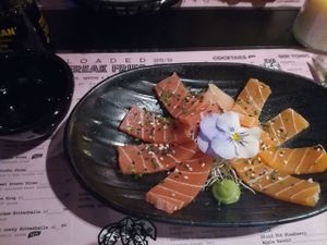 Vegan sashimi - not to our taste at Vegan Junk Food Bar - Downtown in Amsterdam