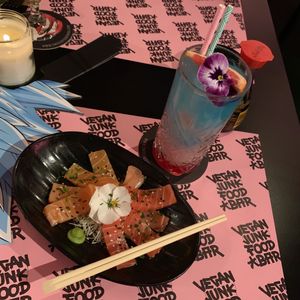Vegan sashimi and the tipsy unicorn cocktail  at Vegan Junk Food Bar - Downtown in Amsterdam