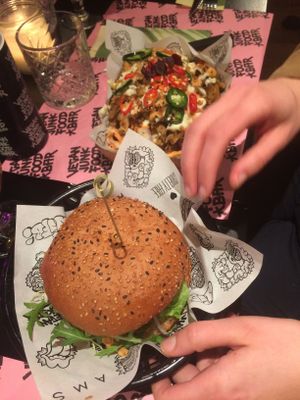 Original burger and loaded fries at Vegan Junk Food Bar - Downtown in Amsterdam