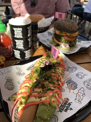 Hot Dog and two burgers at Vegan Junk Food Bar - Downtown in Amsterdam