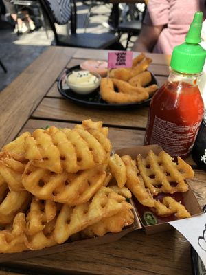 Waffle fries and vegan prawns at Vegan Junk Food Bar - Downtown in Amsterdam