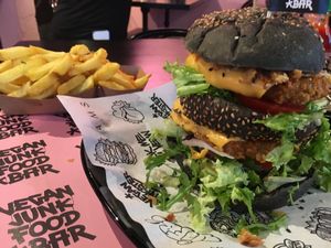 Burger with fries at Vegan Junk Food Bar - Downtown in Amsterdam
