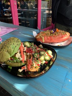 Shawarma burger and vegan hotdog at Vegan Junk Food Bar - Downtown in Amsterdam