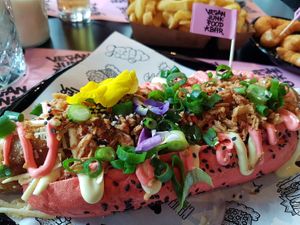 pinky bradwurst (14,95) at Vegan Junk Food Bar - Downtown in Amsterdam