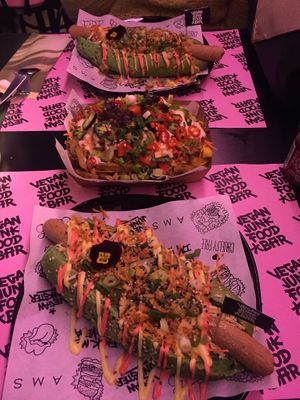 Hot dog and shawarma fries! at Vegan Junk Food Bar - Downtown in Amsterdam