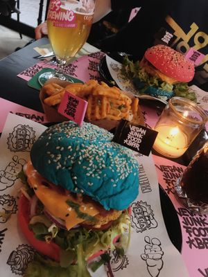 Chicken Burger and waffle fries! at Vegan Junk Food Bar - Downtown in Amsterdam